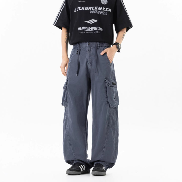 Men's Wide Utility Cargo Bermuda with Elastic Waistband and Multiple Pockets Drune