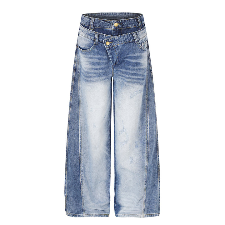 Women's jeans pants with wide culotte cut, asymmetrical double waistband and contrast side panels Mune Fashion