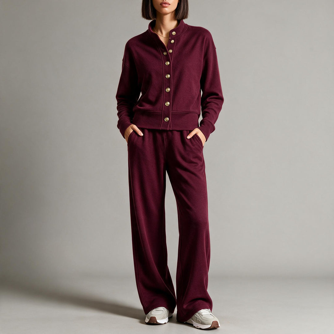 Women's sweat jacket with snap button placket, standing collar, and soft lounge cut Mune Fashion
