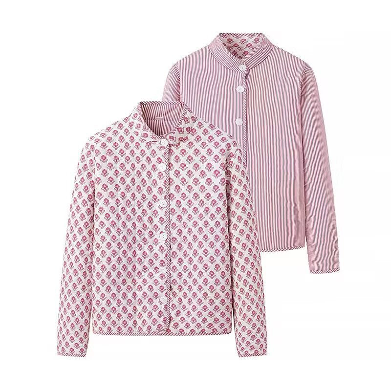 Ladies Lightweight Cotton Blouse with Standing Collar, Full Button Placket and Allover Print Mune Fashion