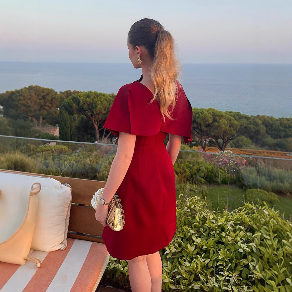 Ladies Elegant Cape Dress with Tailored A-Line and Stand Collar Mune Fashion