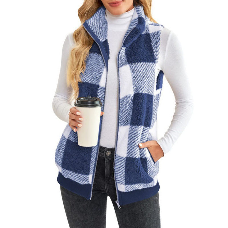 Ladies Checked Teddy Vest with Stand-Up Collar, Zipper and Side Pockets Mune Fashion