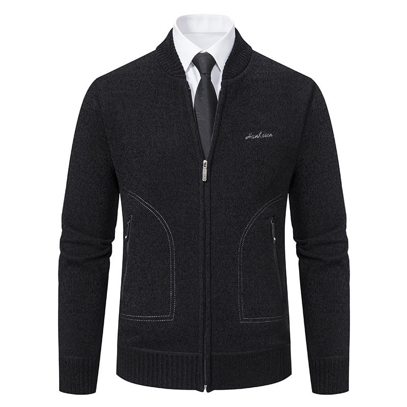 Men's lightweight business knit cardigan with concealed front zipper, zippered pockets, and ribbed hem Mune Fashion