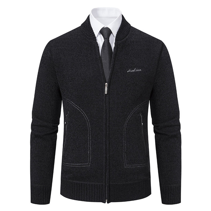Men's lightweight business knit cardigan with concealed front zipper, zippered pockets, and ribbed hem Mune Fashion