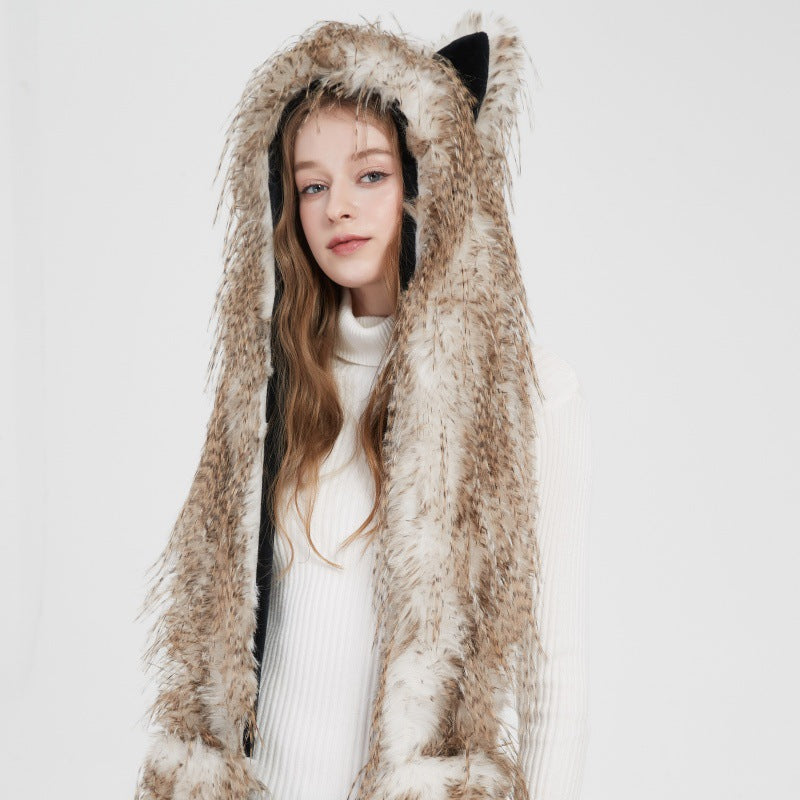 Women's hooded scarf made of luxurious faux fur with ear application and long stola ends Mune Fashion