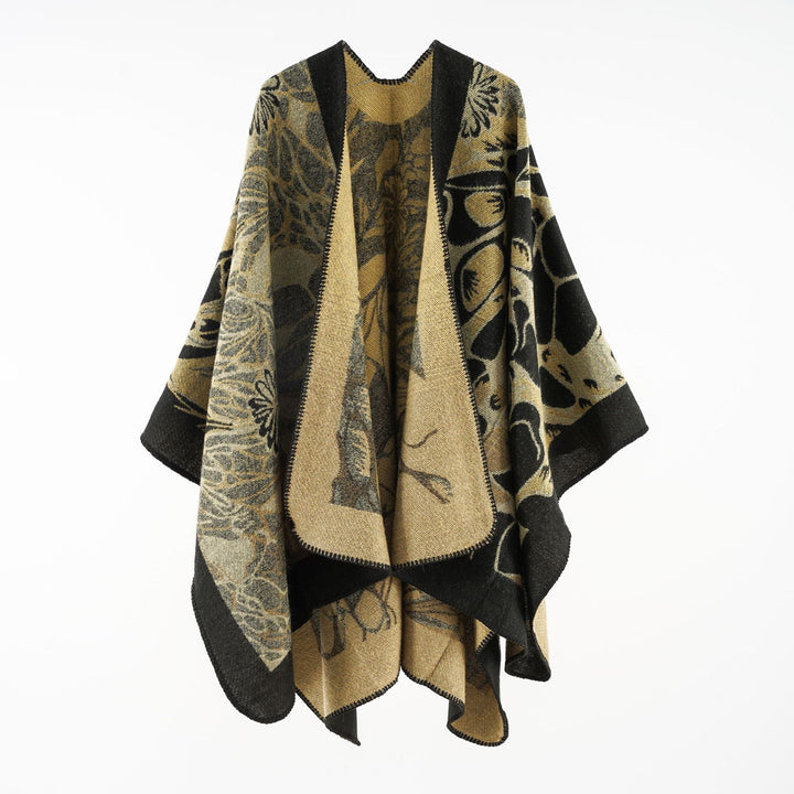 Women's Wool Blend Jacquard Cape with Open Kimono Silhouette