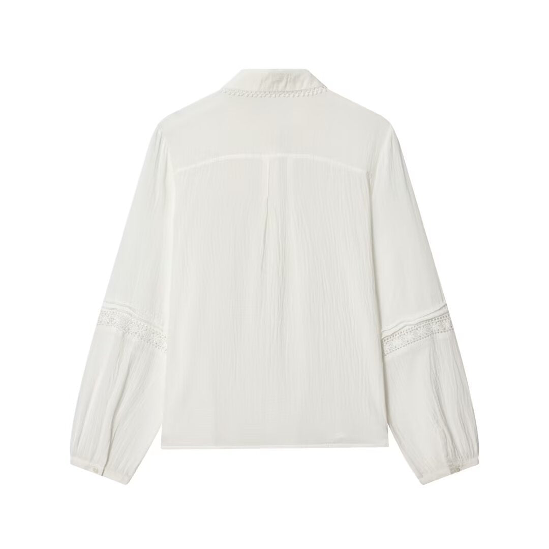 Ladies blouse with delicate lace appliqué, concealed button placket and balloon sleeves Mune Fashion