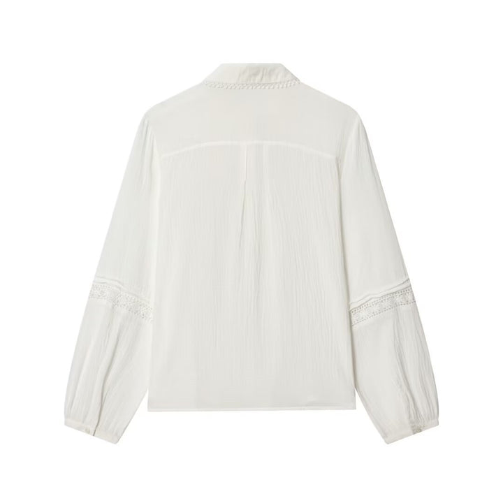 Ladies blouse with delicate lace appliqué, concealed button placket and balloon sleeves Mune Fashion