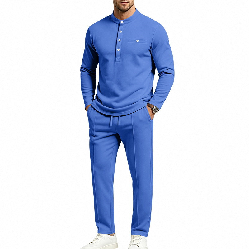 Men's Two-Piece Leisure Set with Henley Long Sleeve Shirt, Stand Collar and Comfort Jogging Pants Mune Fashion