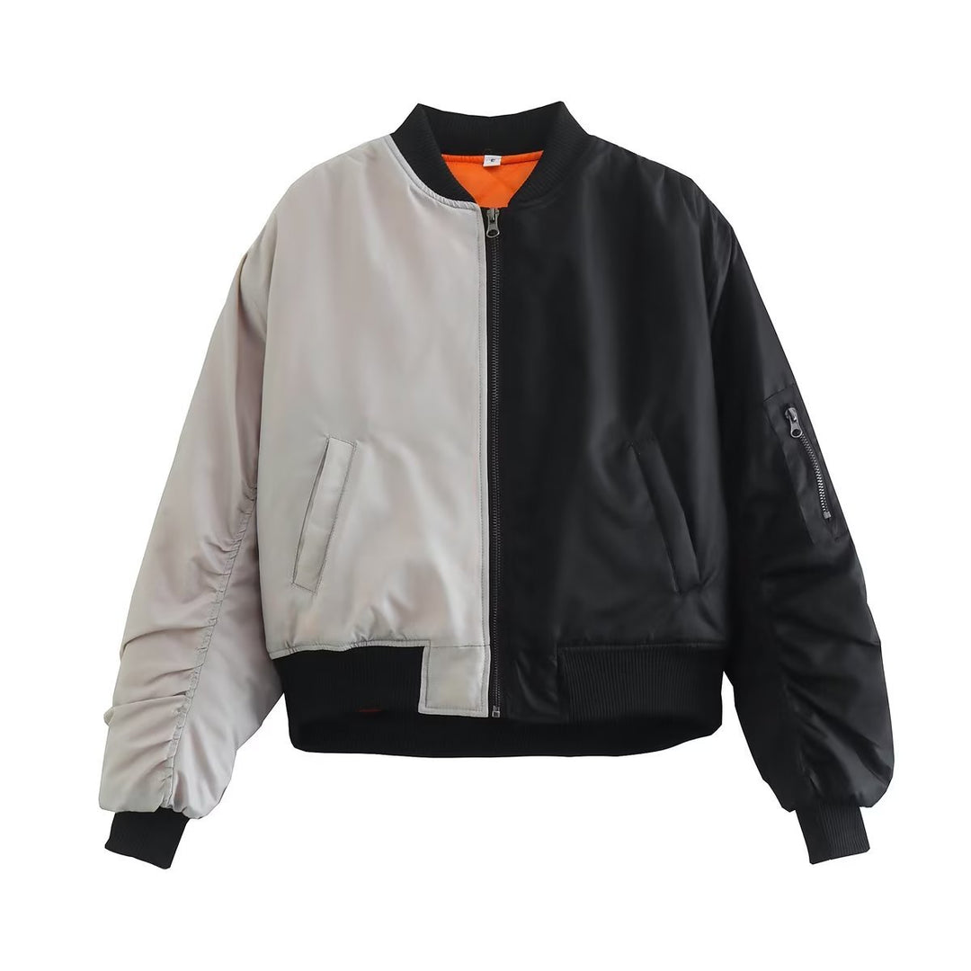 Women's two-tone bomber jacket with reversible look, zipper, arm pocket, and ribbed hem Mune Fashion