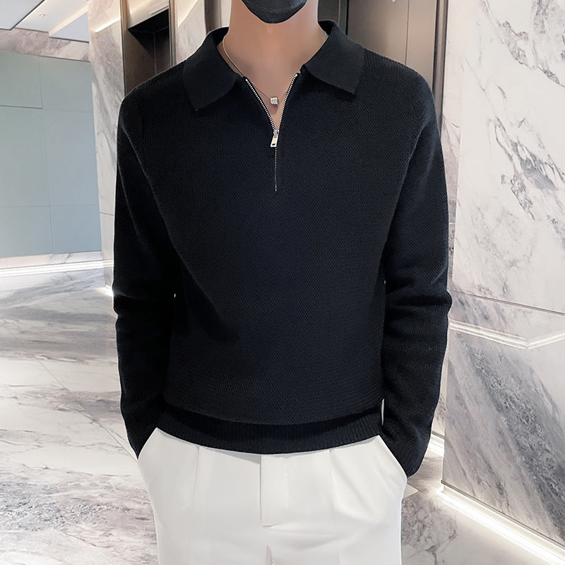 Men's Structured Half-Zip Knit Polo Sweater with Zipper Collar Mune Fashion