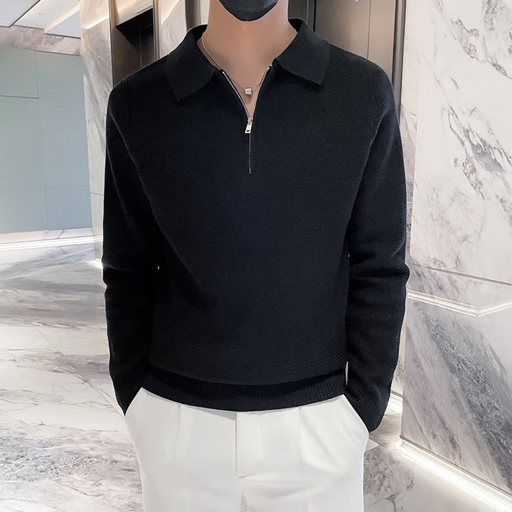 Men's Structured Half-Zip Knit Polo Sweater with Zipper Collar Mune Fashion