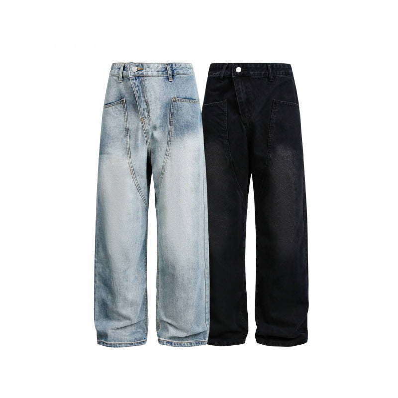 Women's Wide High-Waist Denim Pants with Curved Front Pockets Mune Fashion