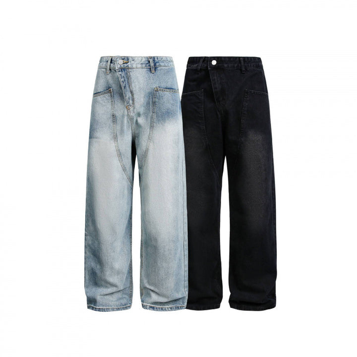Women's Wide High-Waist Denim Pants with Curved Front Pockets Mune Fashion