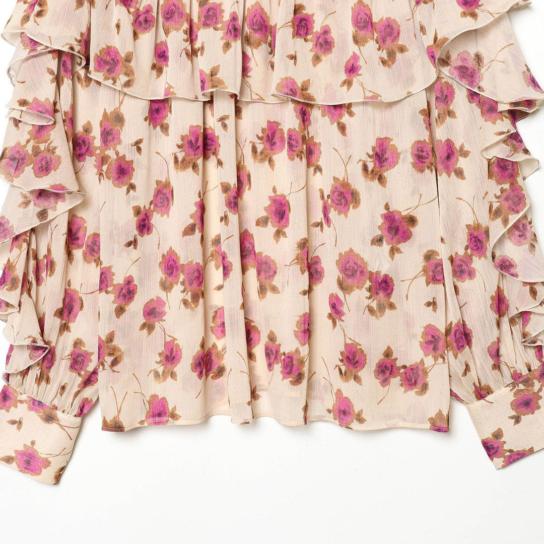 Ladies delicate ruffle blouse with stand-up collar, multi-layer ruffle tiers and floral chiffon Mune Fashion