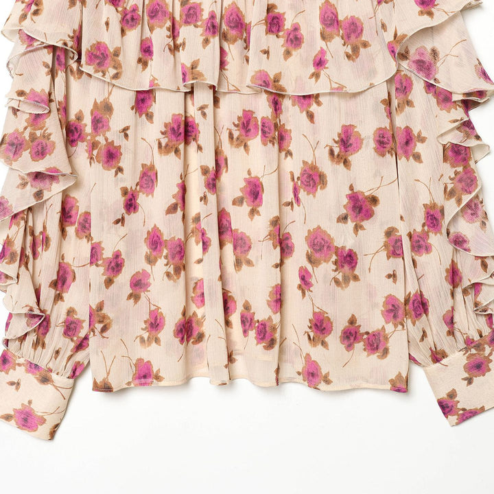 Ladies delicate ruffle blouse with stand-up collar, multi-layer ruffle tiers and floral chiffon Mune Fashion