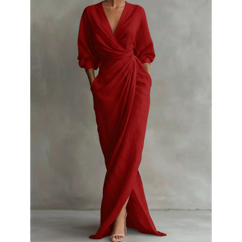 Women's Draped Wrap Maxi Dress with Deep V-Neck, Waist Twist and Side Pockets Drune