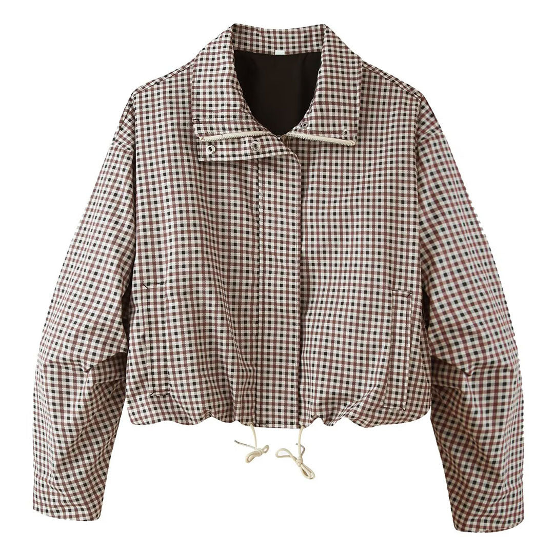 Women's Checked Cropped Field Jacket with Drawstring Hem, Stand-Up Collar and Boxy Silhouette Mune Fashion