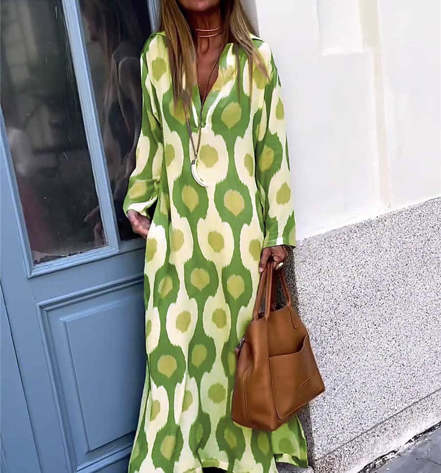 Women's Long Boho Maxi Dress with V-Neck, Loose Fit and Eye-Catching Allover Print Drune