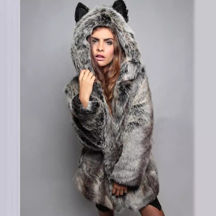 Women's Short Hooded Jacket made of vegan high-pile synthetic fur with cat ears and tailored silhouette Mune Fashion