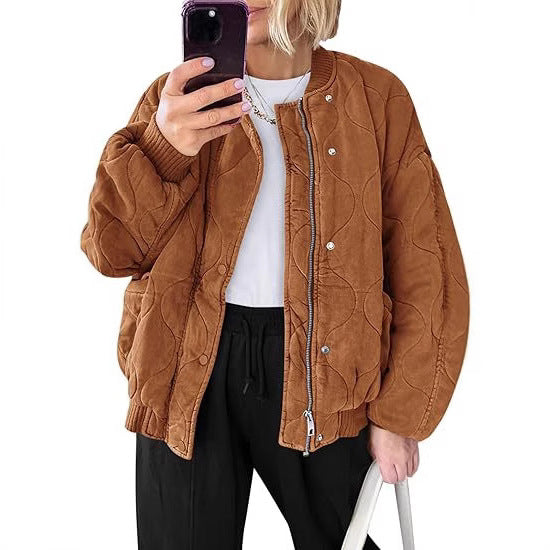 Women's Padded Oversized Quilted Bomber Jacket with Ribbed Cuffs and Decorative Stitching Mune Fashion