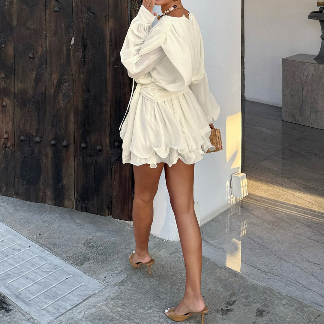 Women's Romantic Ruffle Blouse with Waist Belt and Balloon Sleeves Mune Fashion