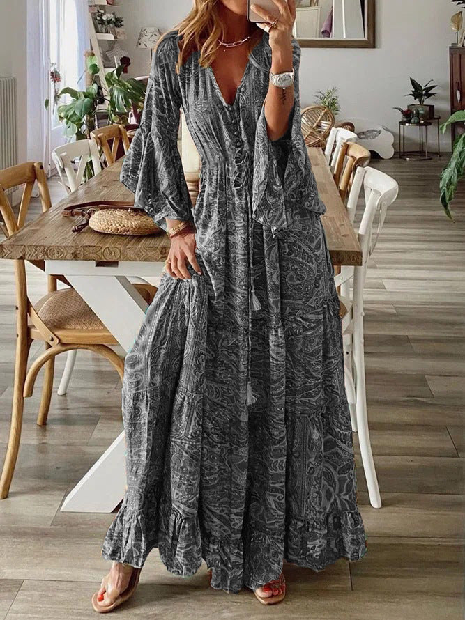 Women’s Boho Maxi Dress with Paisley Print, V-Neck, Ruffle Sleeves, and Waist Tie Belt Mune Fashion