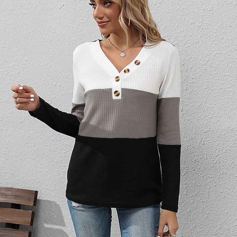 Women's Waffle Knit Long Sleeve with V-Neck and Henley Button Placket Mune Fashion