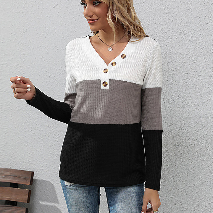 Women's Waffle Knit Long Sleeve with V-Neck and Henley Button Placket Mune Fashion