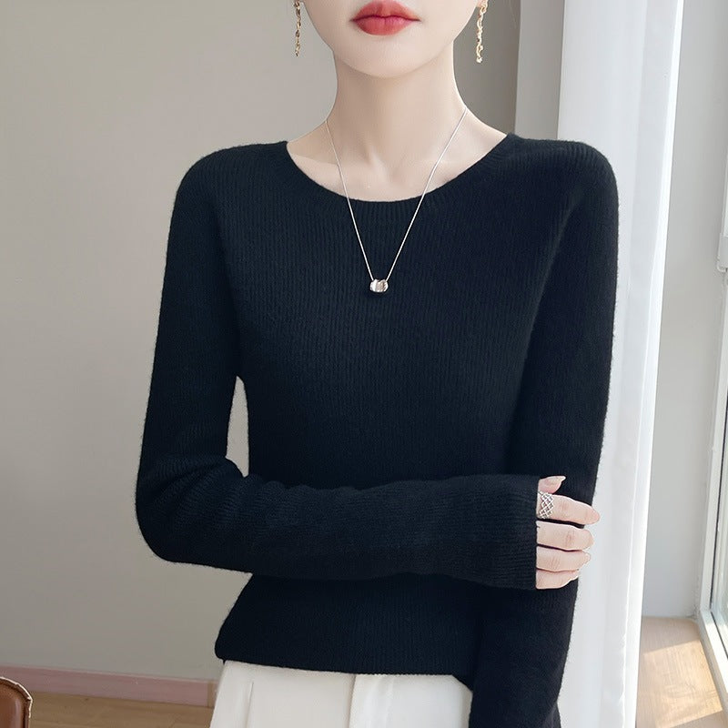 Women's Tailored Round Neck Sweater in Fine Ribbed Cashmere Look Mune Fashion