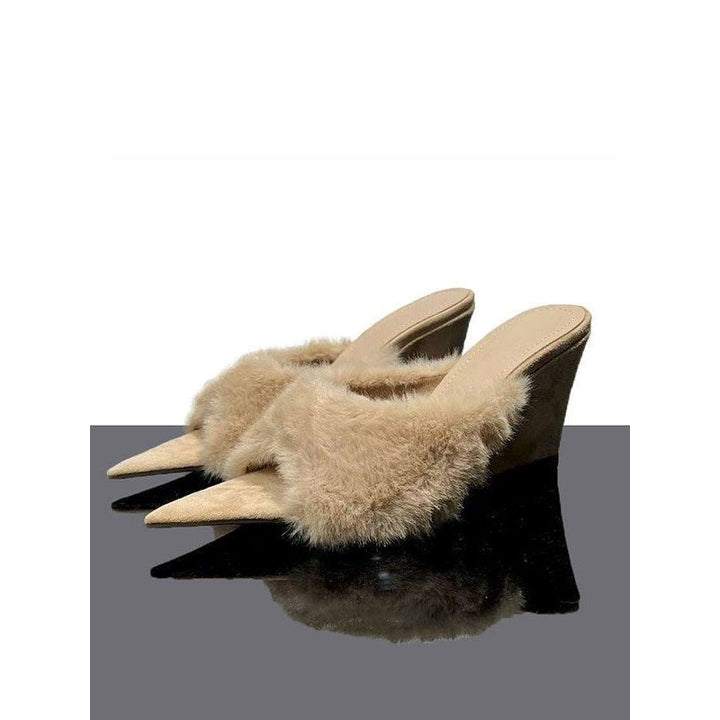 Women fluffy pointed toe mule slippers with faux fur vamp and low wedge heel Mune Fashion