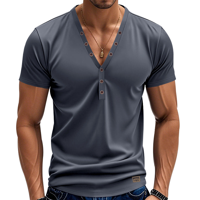 Men's tailored short-sleeve Henley shirt made of cotton-elastane with a deep V-neckline and decorative button placket Mune Fashion