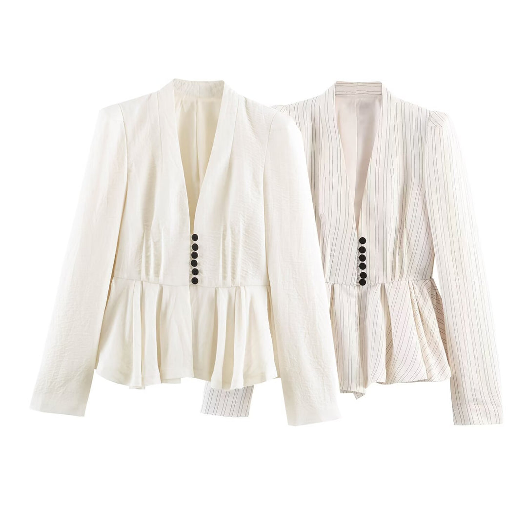 Women Tailored Blazer Jacket with Deep V-Neck, Peplum and Decorative Button Placket Mune Fashion
