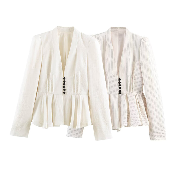 Women Tailored Blazer Jacket with Deep V-Neck, Peplum and Decorative Button Placket Mune Fashion