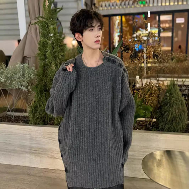 Men's Chunky Knit Oversized Sweater with Round Neckline and Shoulder Button Placket Mune Fashion