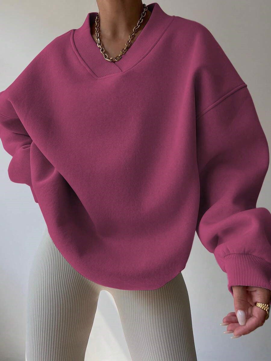 Women's Oversized V-Neck Sweatshirt with Reinforced Ribbed Collar and Extra Wide Cut Mune Fashion