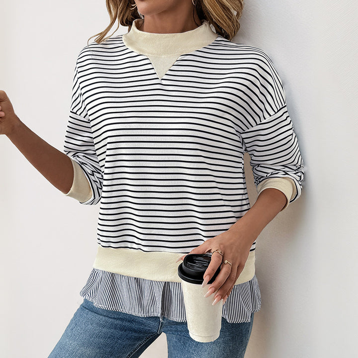 Women's Casual Striped Sweatshirt with Layered Hem Mune Fashion