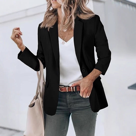 Women's Light Stretch Blazer with Shawl Collar, One-Button Closure and Three-Quarter Sleeves Drune