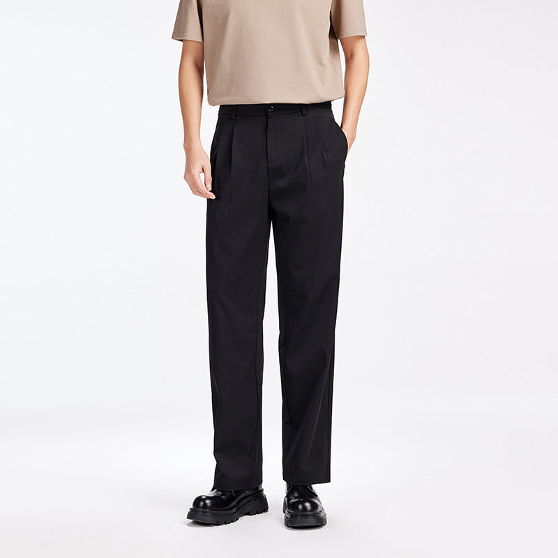 Men's Elegant Pleated Fabric Pants with High Waist, Crease and Straight Leg Mune Fashion
