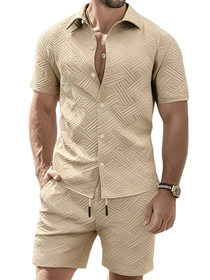 Men's nan geometric embossed short sleeve shirt and Bermuda two-piece set with shirt collar and drawstring Mune Fashion