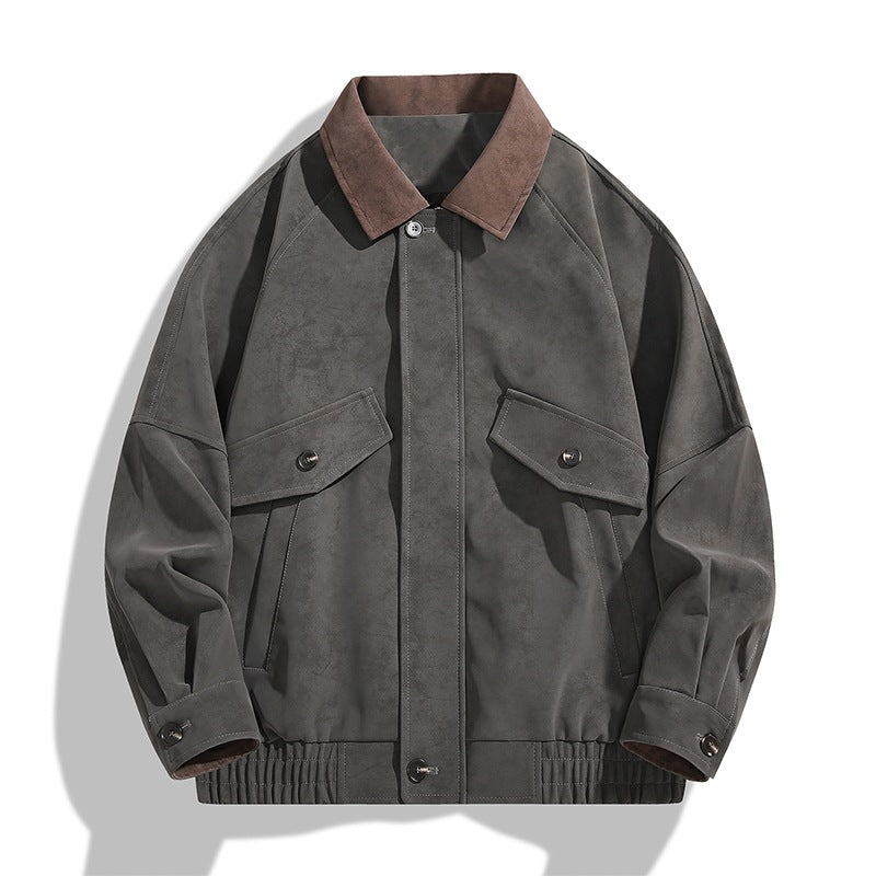 Men's Boxy-Utility Jacket in Velvet Look with Contrast Collar, Flap Pockets & Elastic Hem Mune Fashion