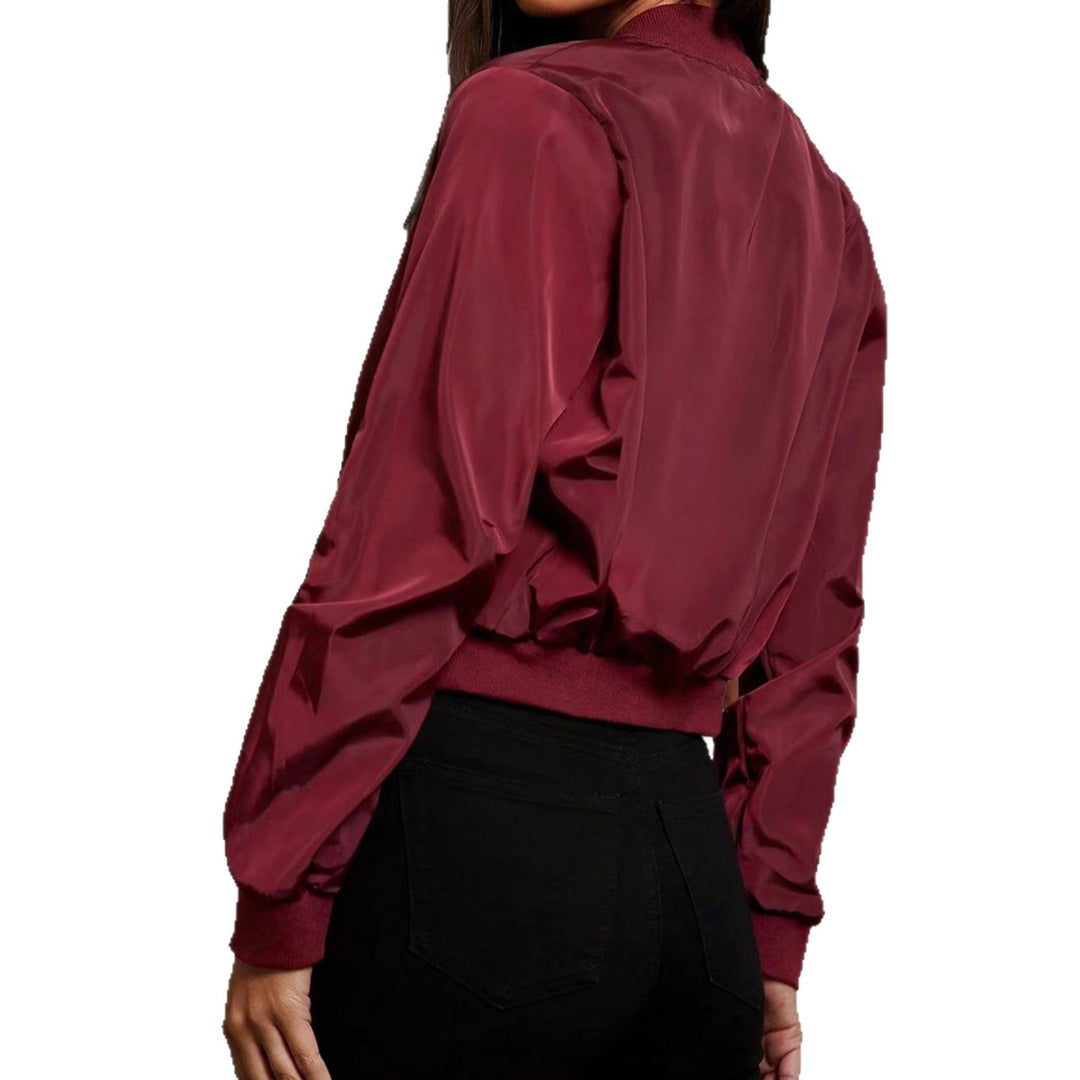 Women's Cropped Satin-Look Bomber Jacket with Arm Pocket and Elastic Hem Drune