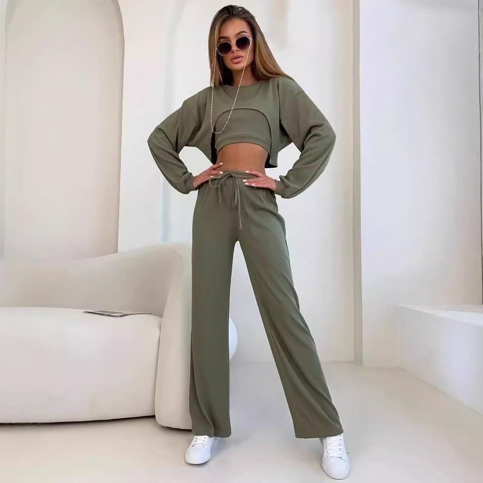 Women’s Rib Lounge Set with Cut-Out Crop Top, Oversized Cropped Sweater and High-Waist Jogging Pants Mune Fashion