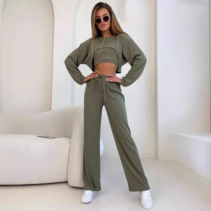 Women’s Rib Lounge Set with Cut-Out Crop Top, Oversized Cropped Sweater and High-Waist Jogging Pants Mune Fashion