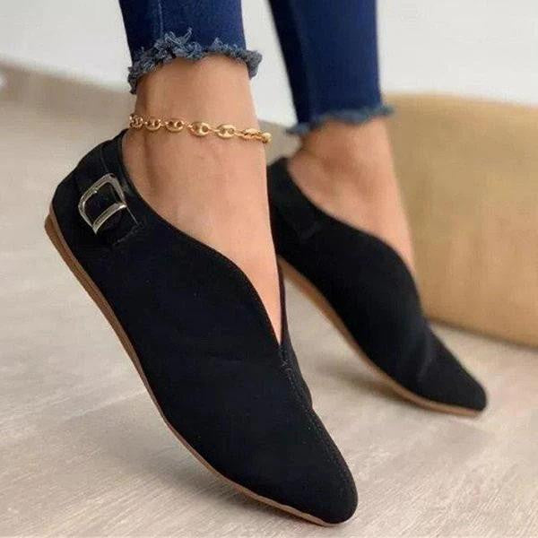 Women Flat Slip-on Ballerina with Pointed Toe Cap, V-Neck and Decorative Buckle Mune Fashion