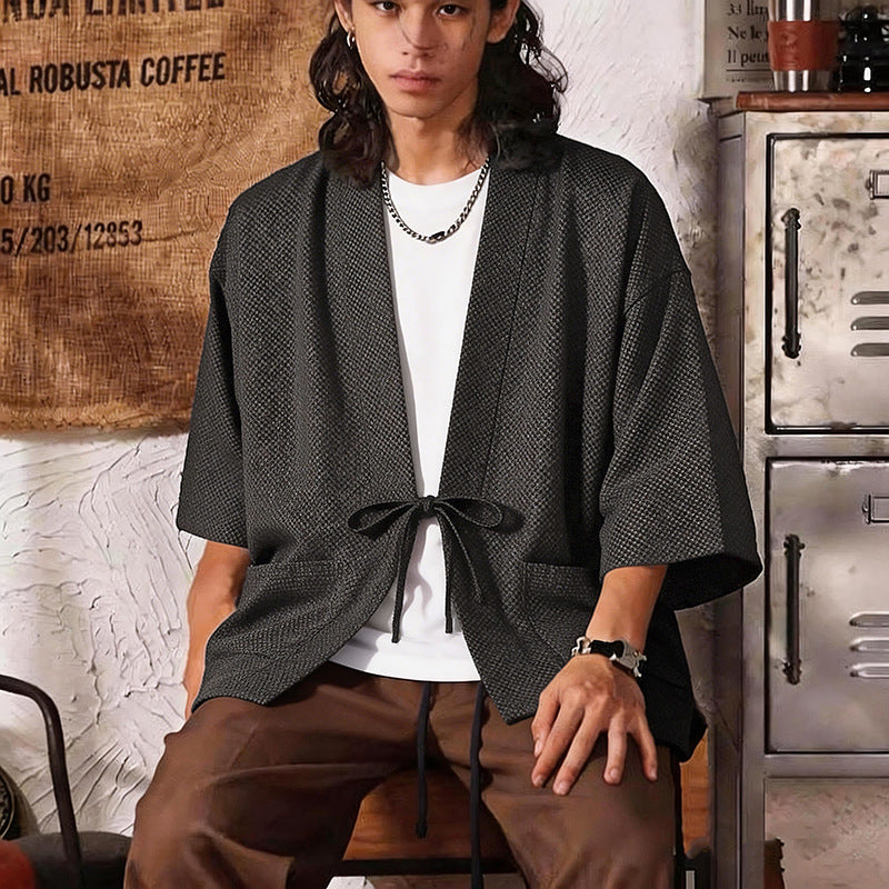 Men's Loose Kimono Cardigan made of textured cotton blend with short sleeves and tie Mune Fashion