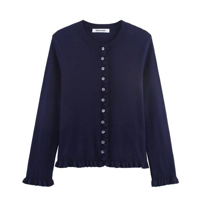 Ladies' Fine Knit Cardigan with Ruffle Trim and Pearl Buttons Mune Fashion