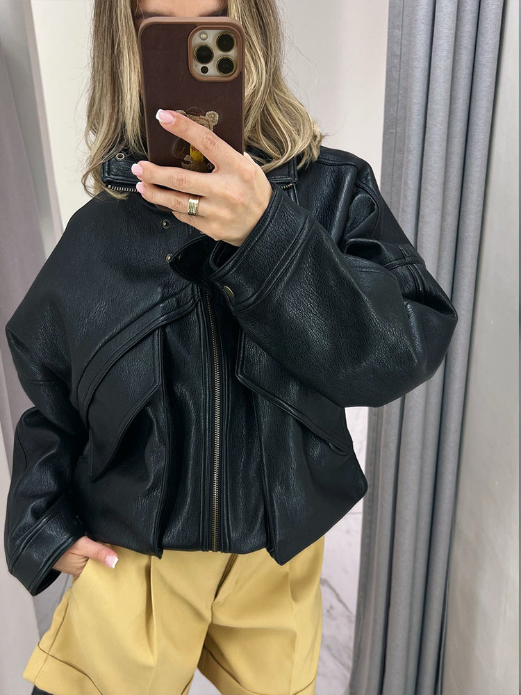 Women's Oversize Bomber Jacket made of textured faux leather with overlapping flap front Mune Fashion