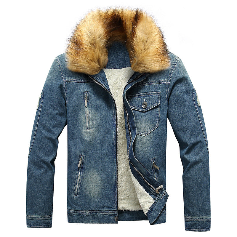 Men's denim jacket with teddy lining, padded interior, and removable faux fur collar Mune Fashion