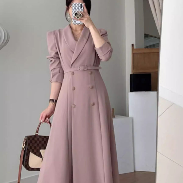 Women Double-Breasted Maxi Coat Dress with Waist Belt and Emphasized Shoulders Mune Fashion